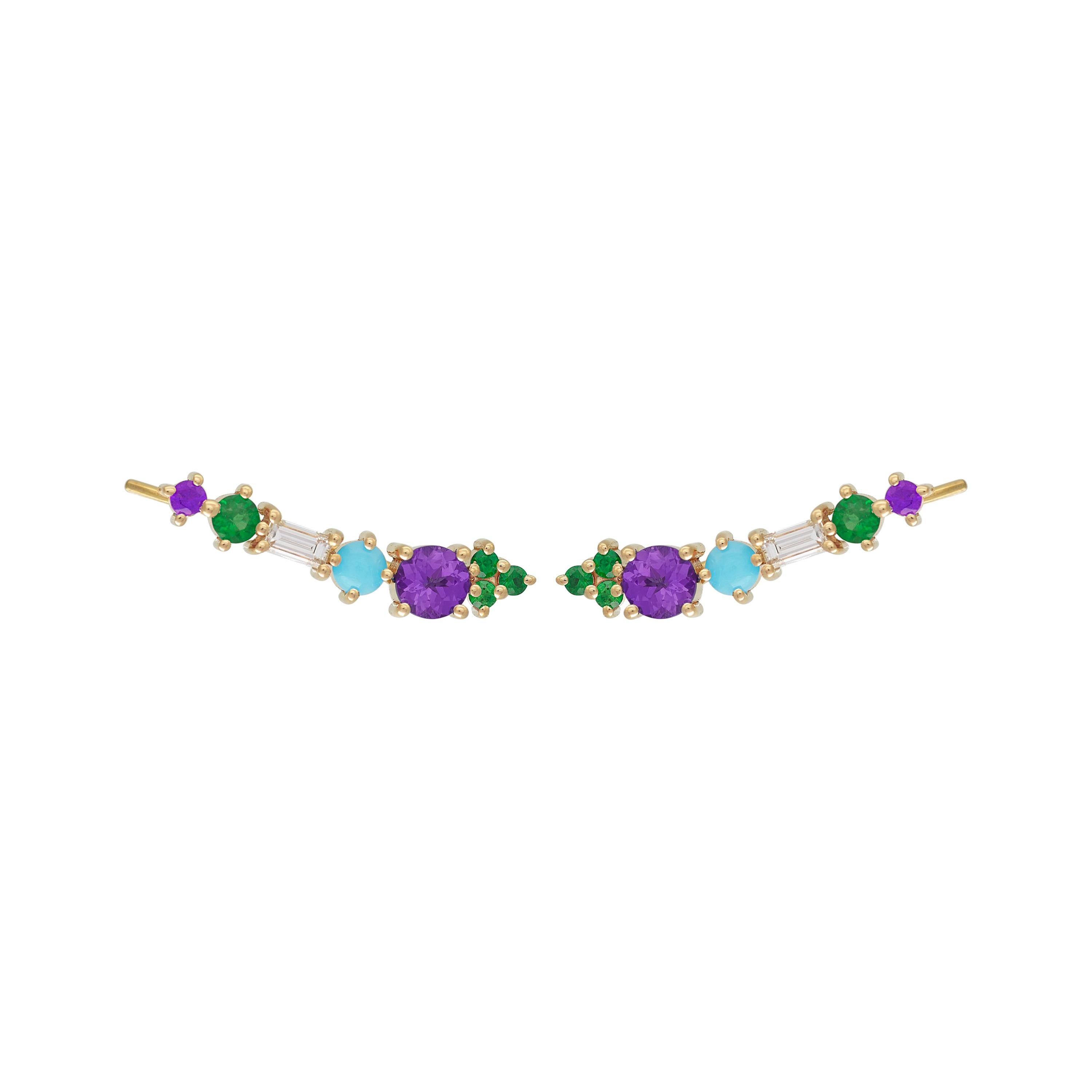 Ear Climbers in 18Kt Gold with Emeralds, Amethysts, Diamonds and Turquoise