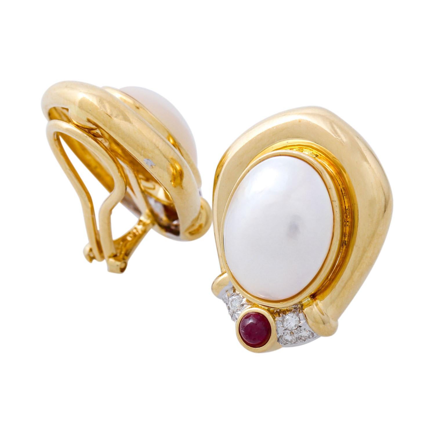 Modern Ear Clips with Mabe Pearls, Rubies and Diamonds For Sale