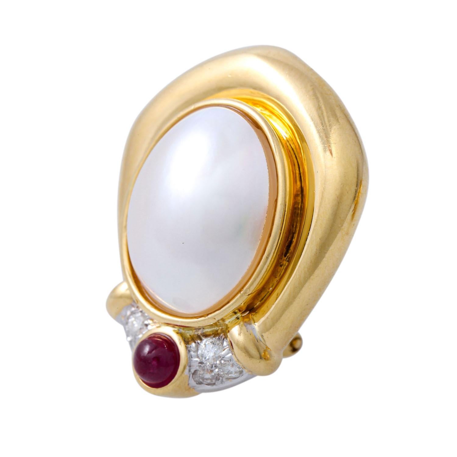 Women's Ear Clips with Mabe Pearls, Rubies and Diamonds For Sale