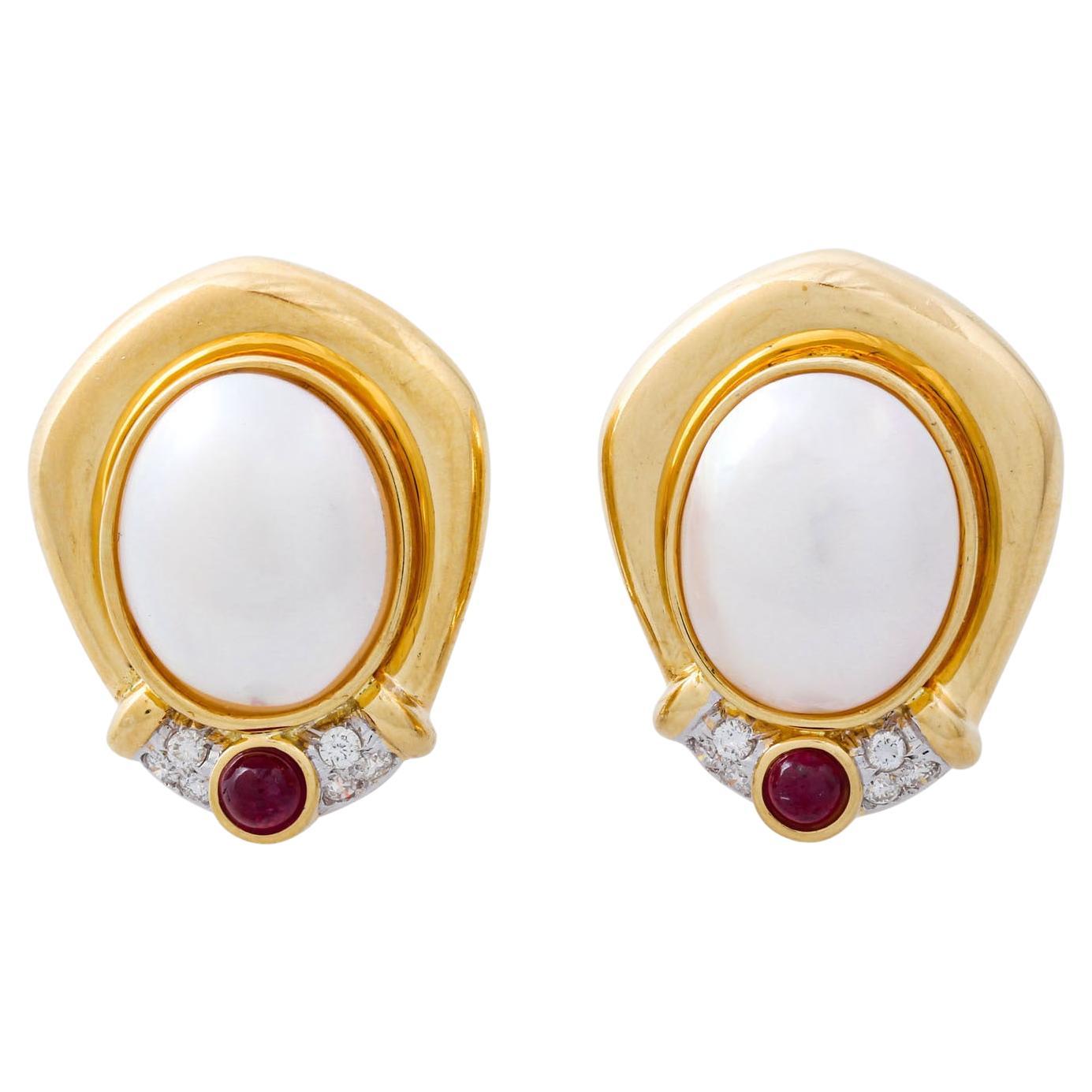 Ear Clips with Mabe Pearls, Rubies and Diamonds For Sale