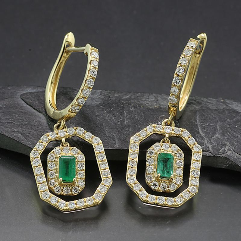 Octagon Cut Ear Dangles Emerald and Diamond 18 Karat Yellow Gold, Movable Hoop Earrings For Sale