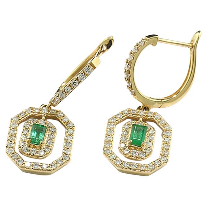 Ear Dangles Emerald and Diamond 18 Karat Yellow Gold, Movable Hoop Earrings For Sale