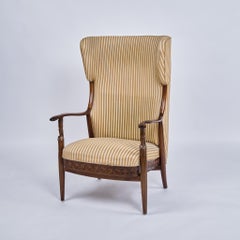 Ear Flap Chair In Rosewood & Striped Fabric From 1930s