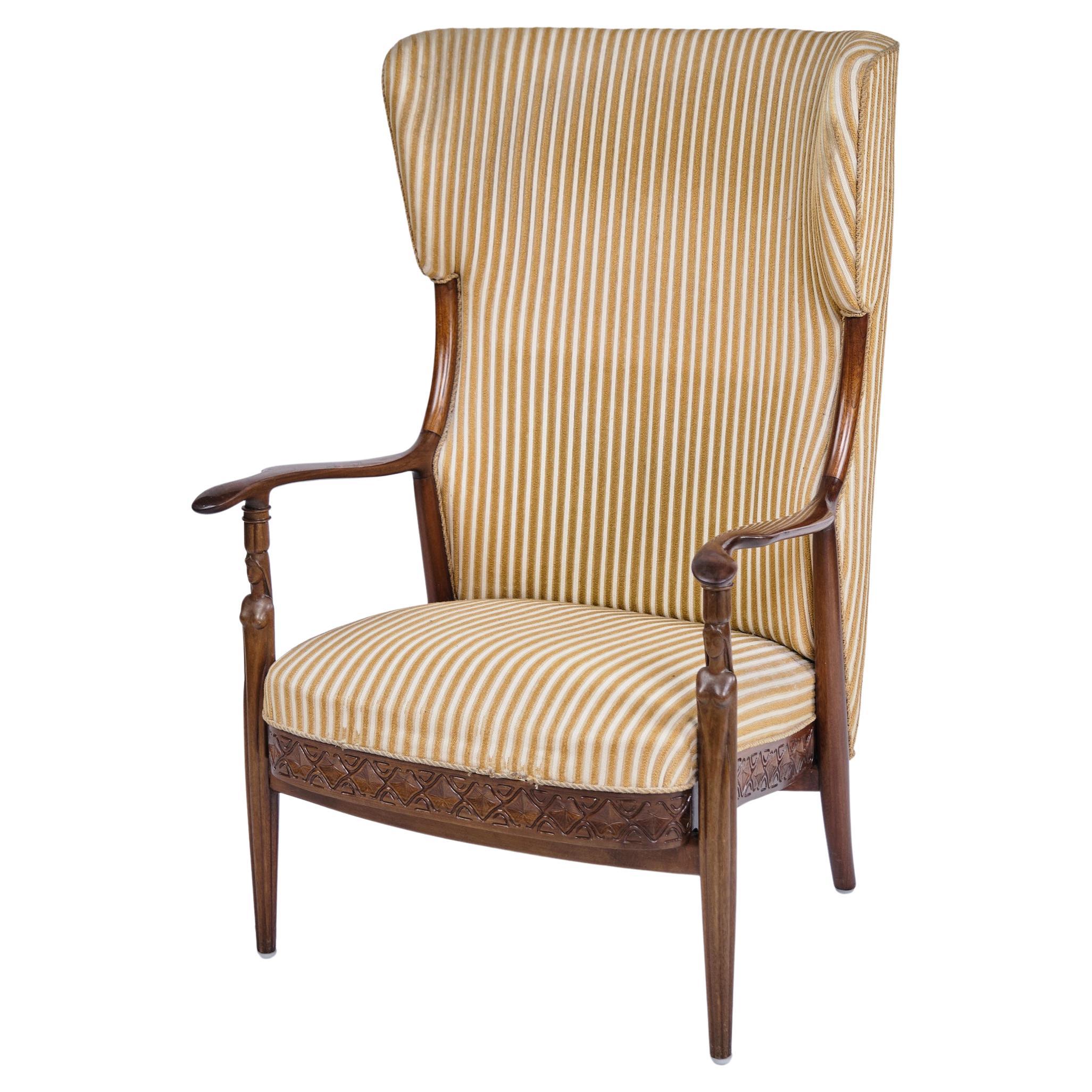 Chaise à oreilles en bois de rose et tissu rayé des années 1930