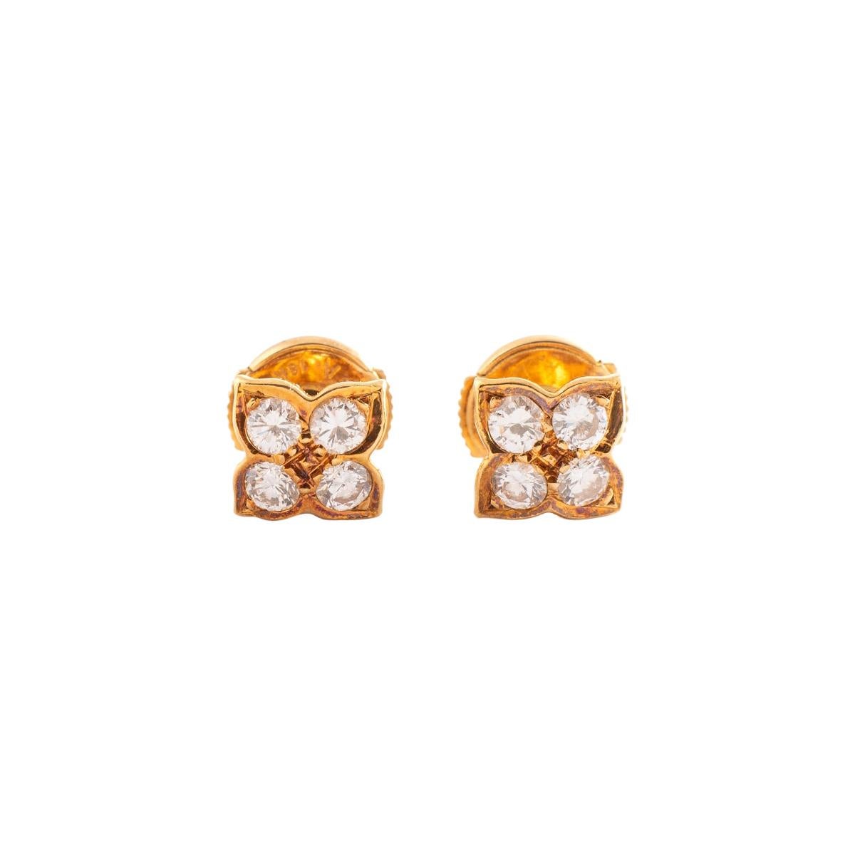 Ear Studs Earrings Floral Diamond Yellow Gold For Sale