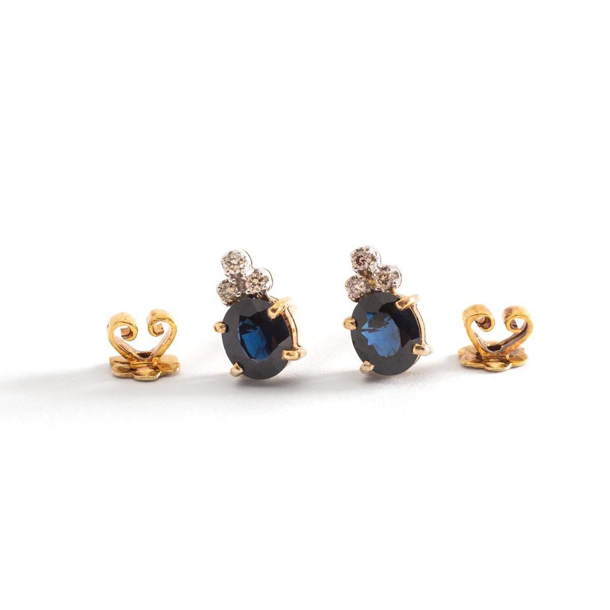 Aesthetic Movement Ear Studs Earrings Sapphire Diamond Yellow Gold For Sale