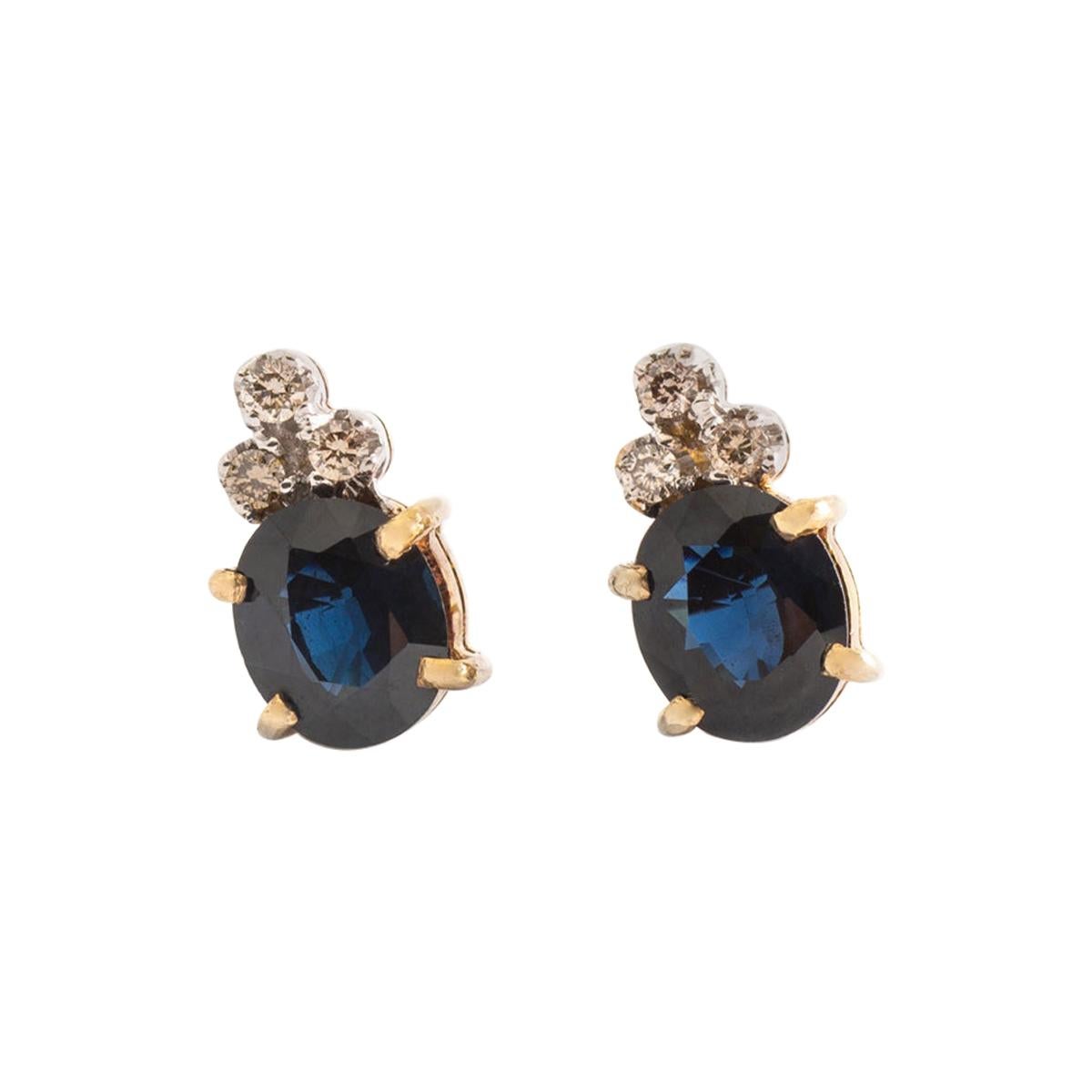Ear Studs Earrings Sapphire Diamond Yellow Gold For Sale