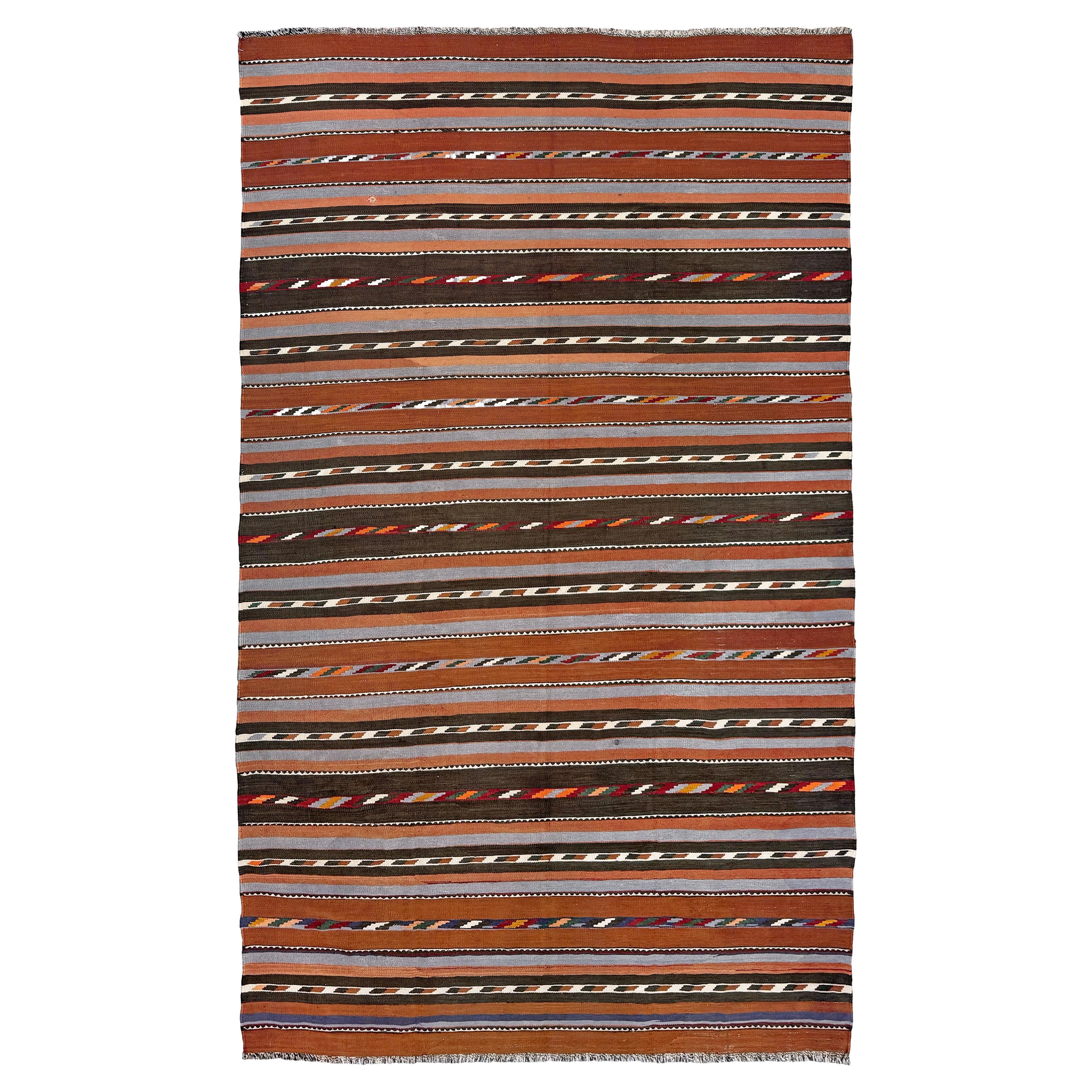 Earhy Tribal Stripe Caucasian Kilim • Handmade Vintage Flatweave Area Rug (6×9)