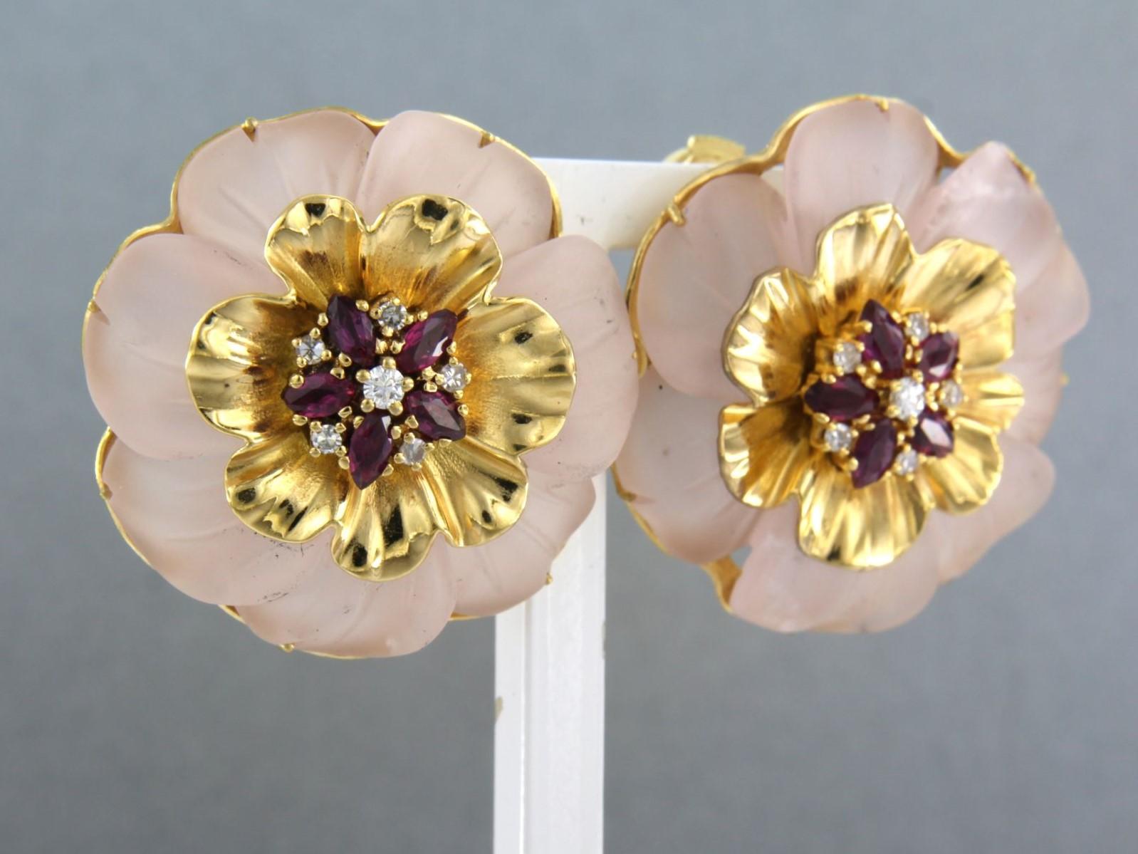 Modern Eariings with rose quartz, ruby and diamonds 14k yellow gold For Sale