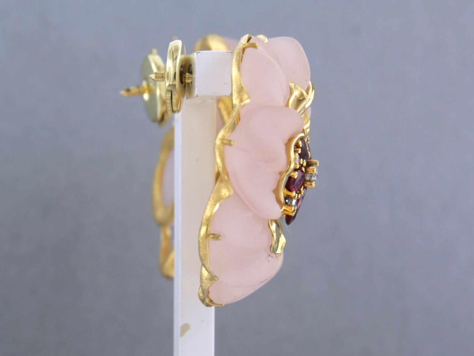 Eariings with rose quartz, ruby and diamonds 14k yellow gold For Sale 1