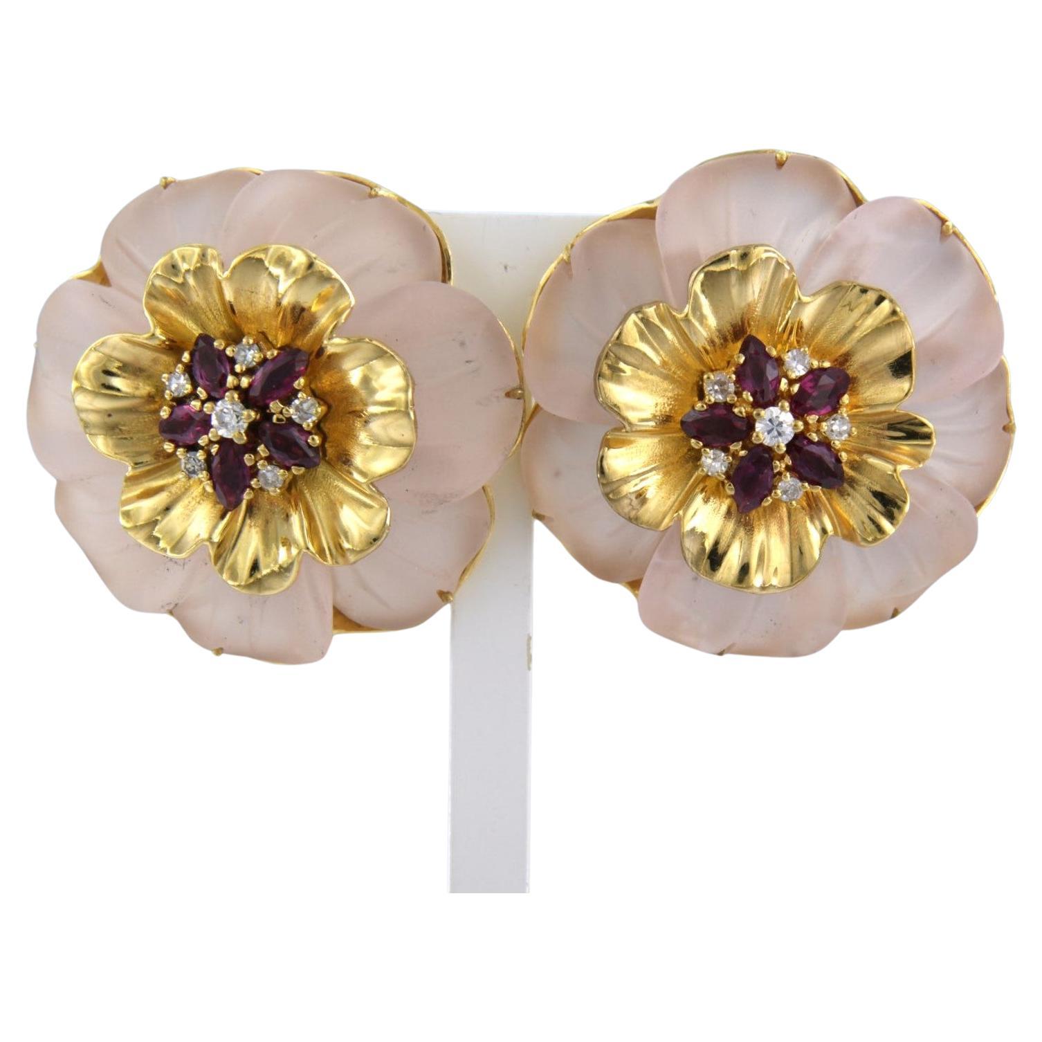 Eariings with rose quartz, ruby and diamonds 14k yellow gold For Sale