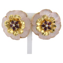 Eariings with rose quartz, ruby and diamonds 14k yellow gold