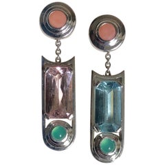 Earings 1 Aquamarine 1 Morganite 4 Cabs Coral and Chryso Gold 18 Karat