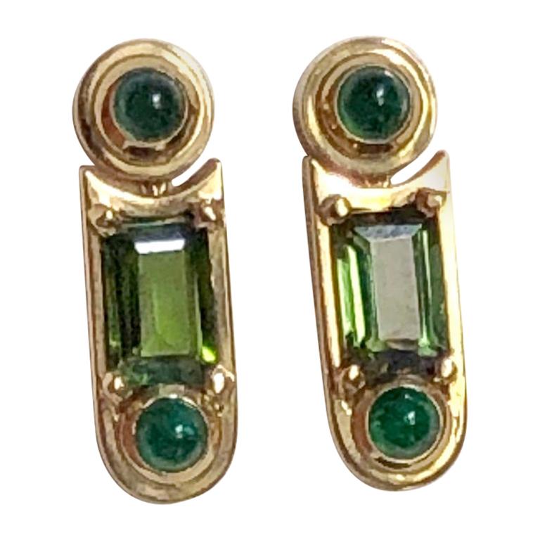 Earings 2 Tourmalines 4 Cabochons Emerald Gold 18 Karat For Sale