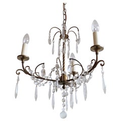 Earl 1900s Delicate Three-Arm Brass Chandelier with Hand Cut Crystal Drops