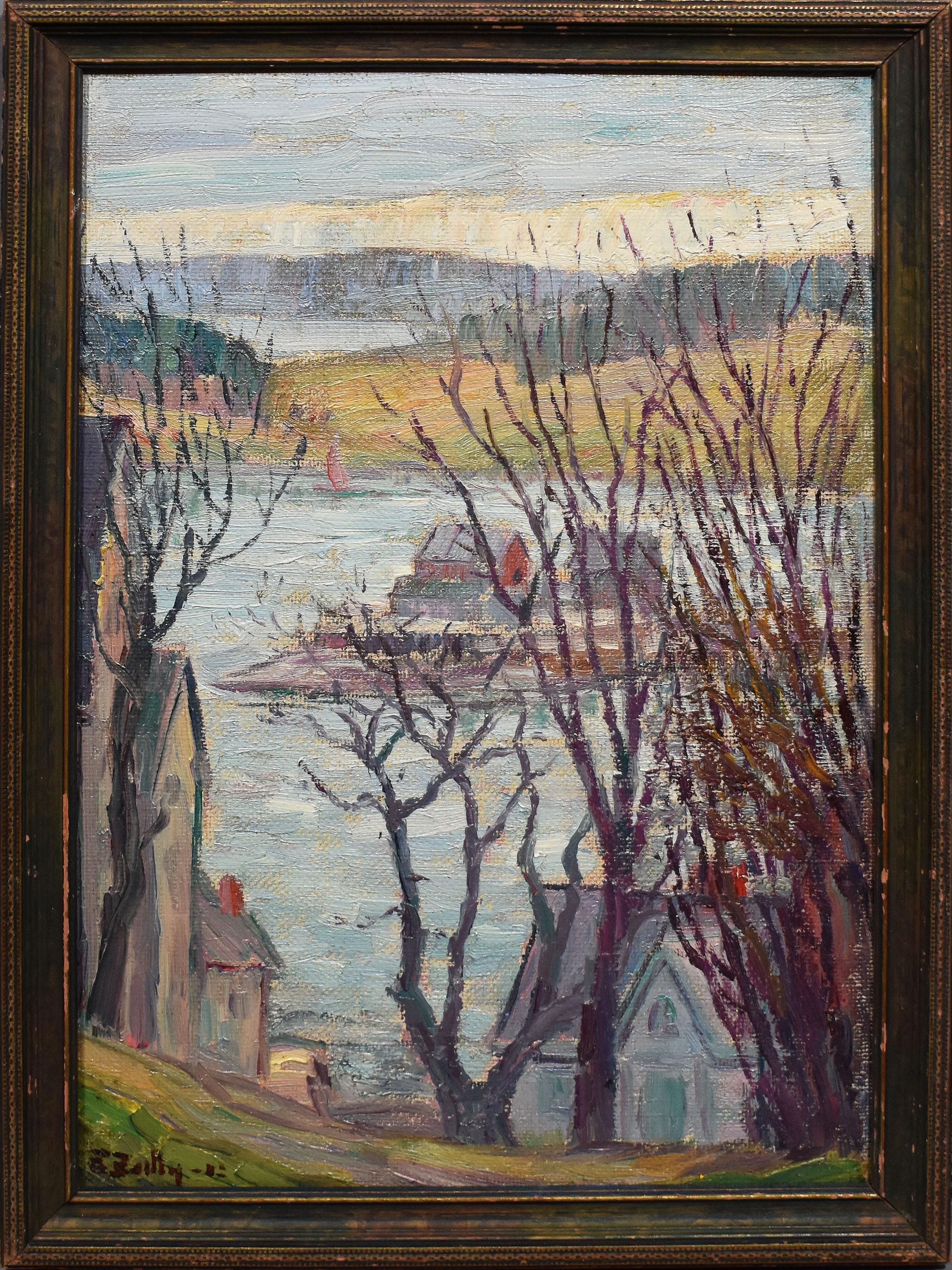 Earl Bailly Landscape Painting - Antique Canadian Modernist Lunenburg Harbor Nova Scotia Seascape Oil Painting