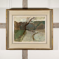 Haliwell Stream 3 - 20th Century Landscape Oil Painting with Trees, Green + Grey