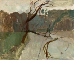 Haliwell Stream 3 - 20th Century Landscape Oil Painting with Trees, Green + Grey