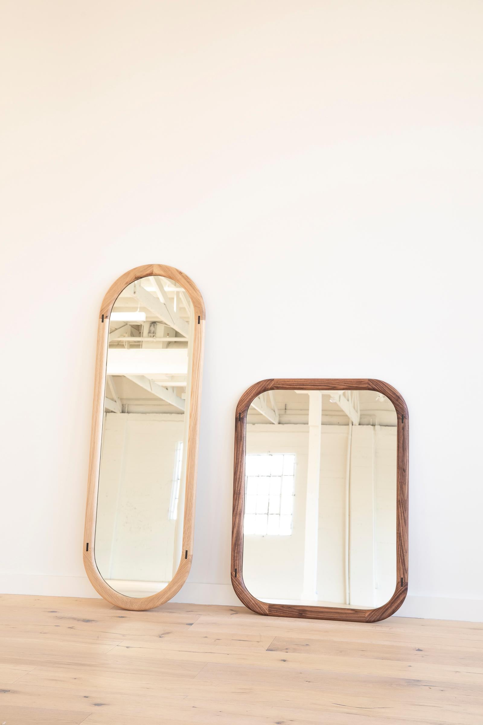 Mid-Century Modern Earl Hand Crafted Rounded Rectangle Solid Walnut Mirror For Sale