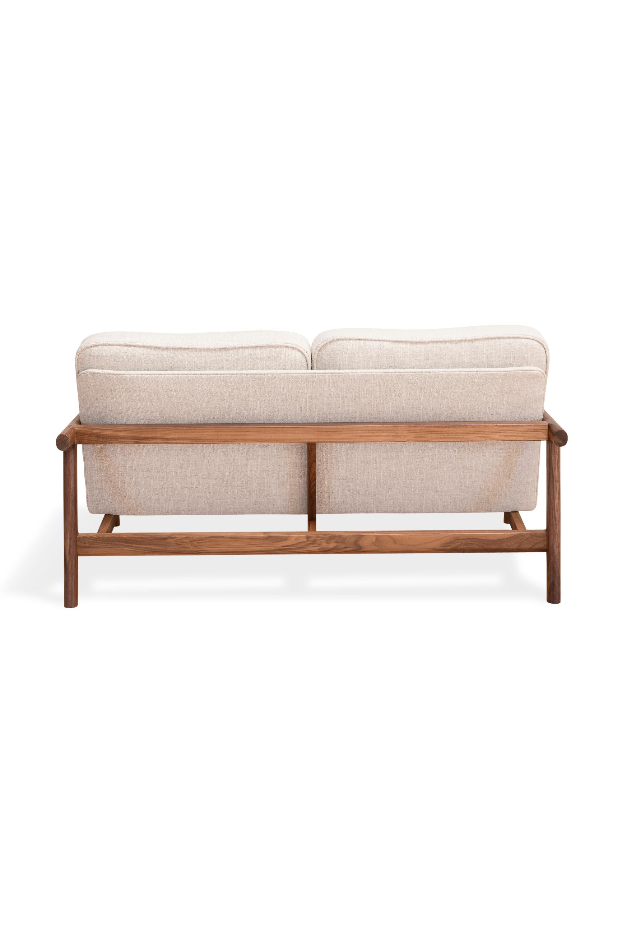 American EARL Handcrafted Walnut Moresby Loveseat with Custom Linen or Leather Upholstery For Sale