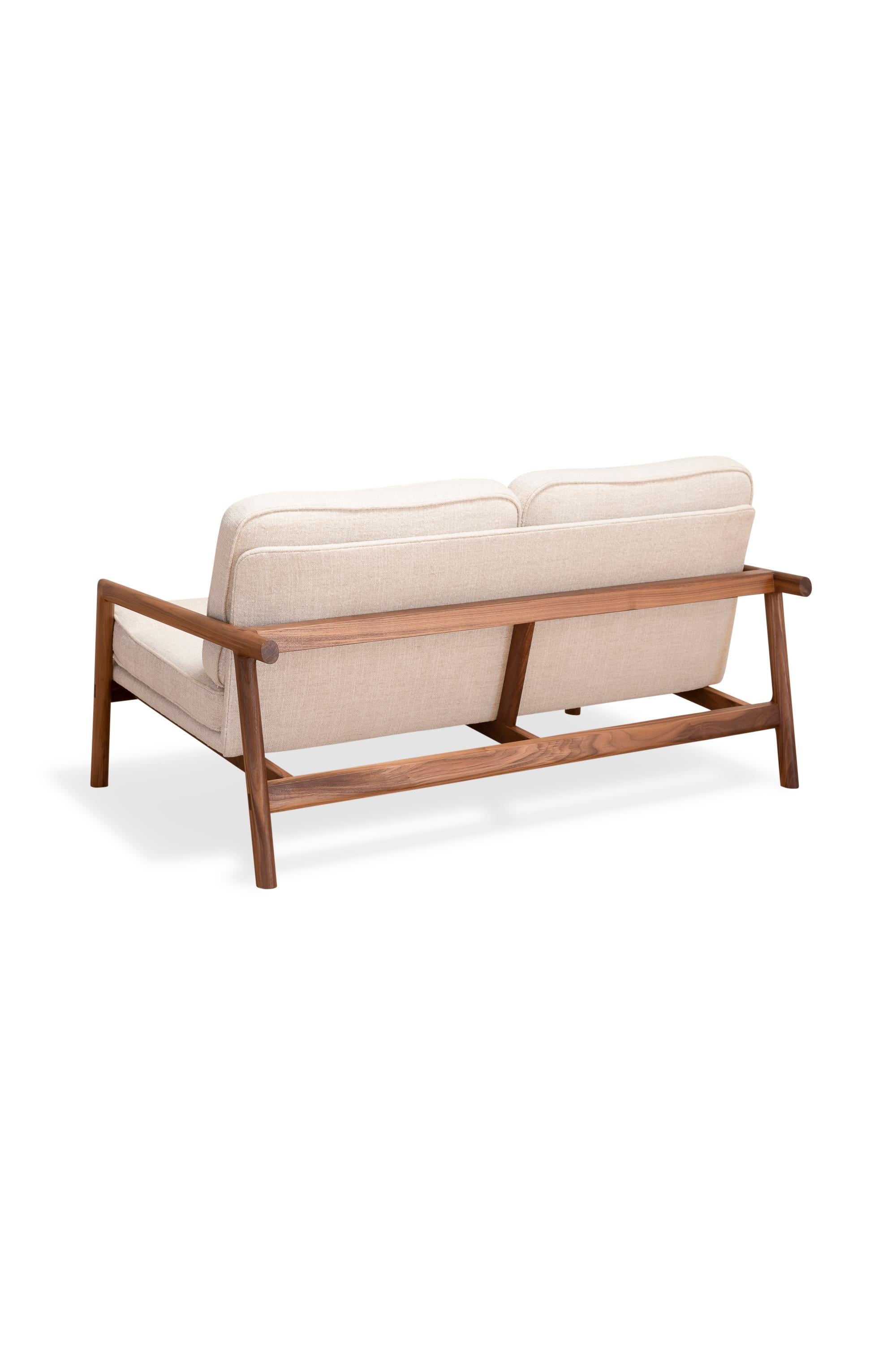 Hand-Crafted EARL Handcrafted Walnut Moresby Loveseat with Custom Linen or Leather Upholstery For Sale