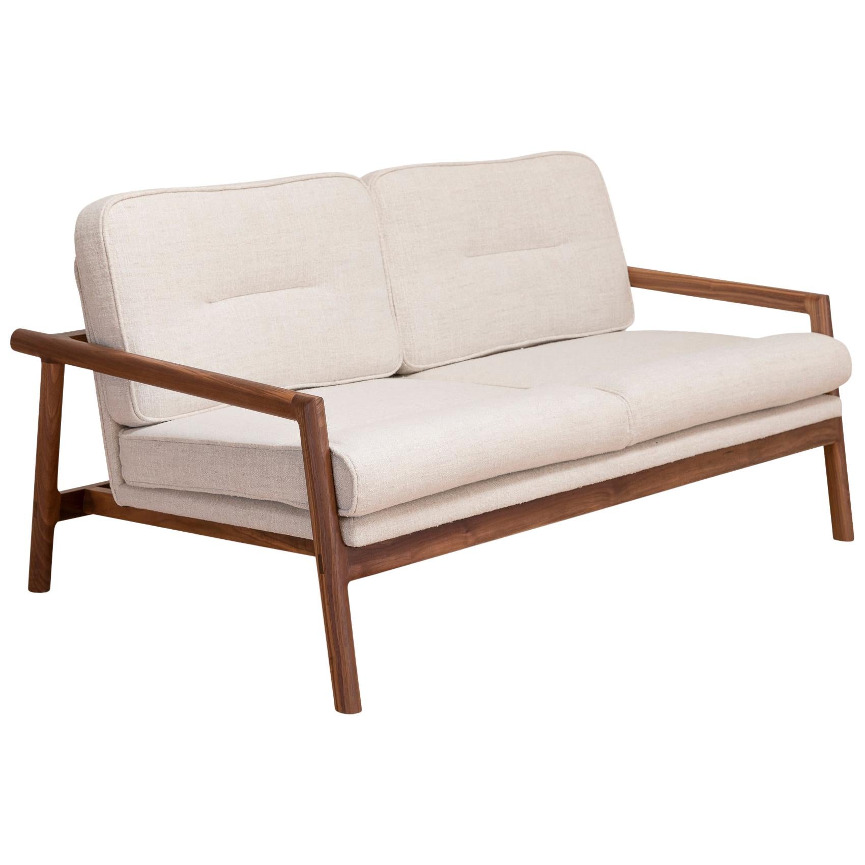 EARL Handcrafted Walnut Moresby Loveseat with Custom Linen or Leather Upholstery For Sale