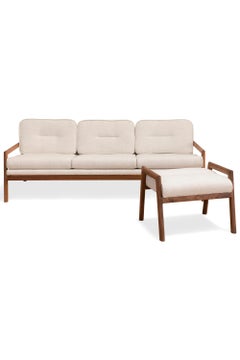 Otomana Earl Moresby de nogal hecha a mano con tapicería personalizada de lino o piel