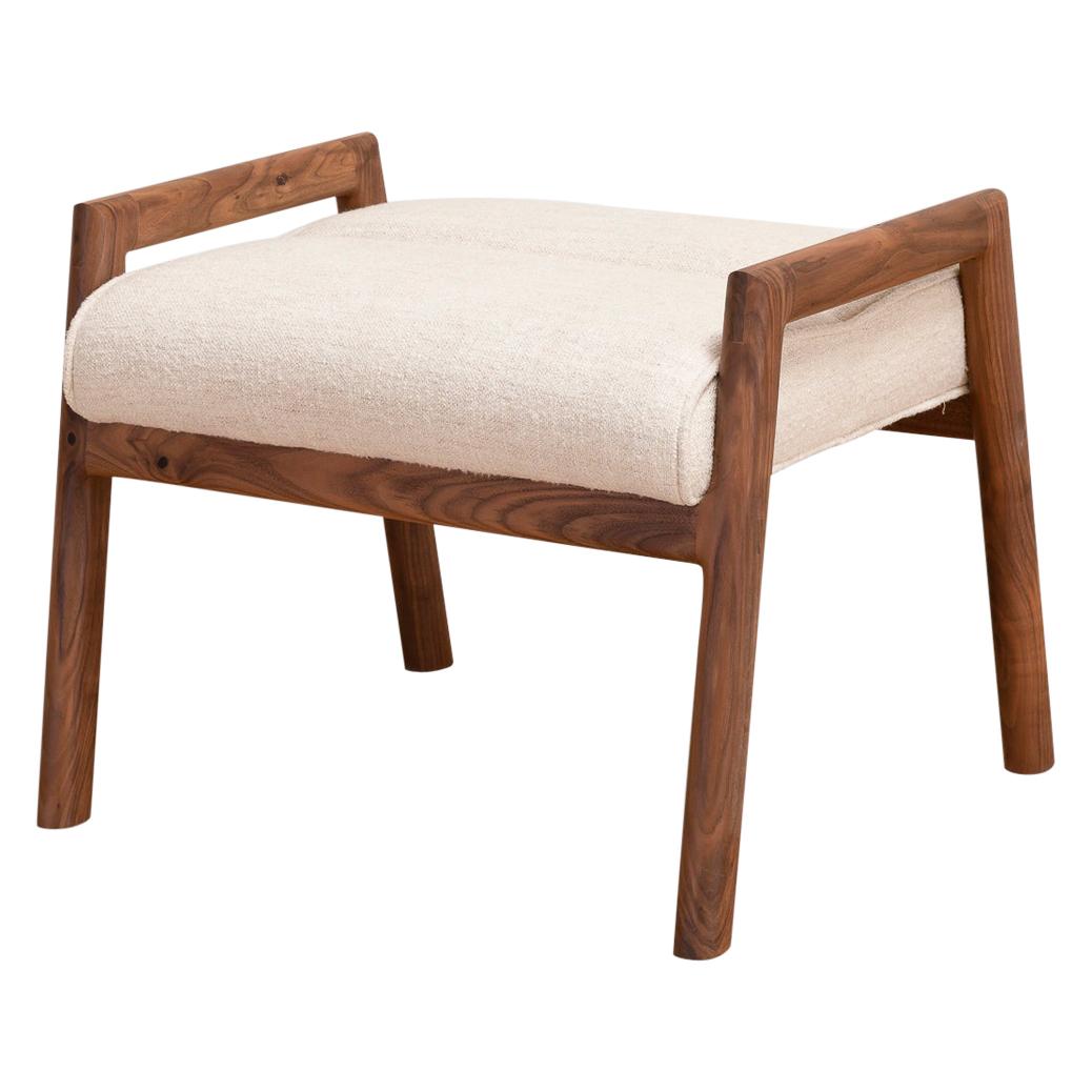 Earl Handcrafted Walnut Moresby Ottoman with Custom Linen or Leather Upholstery For Sale