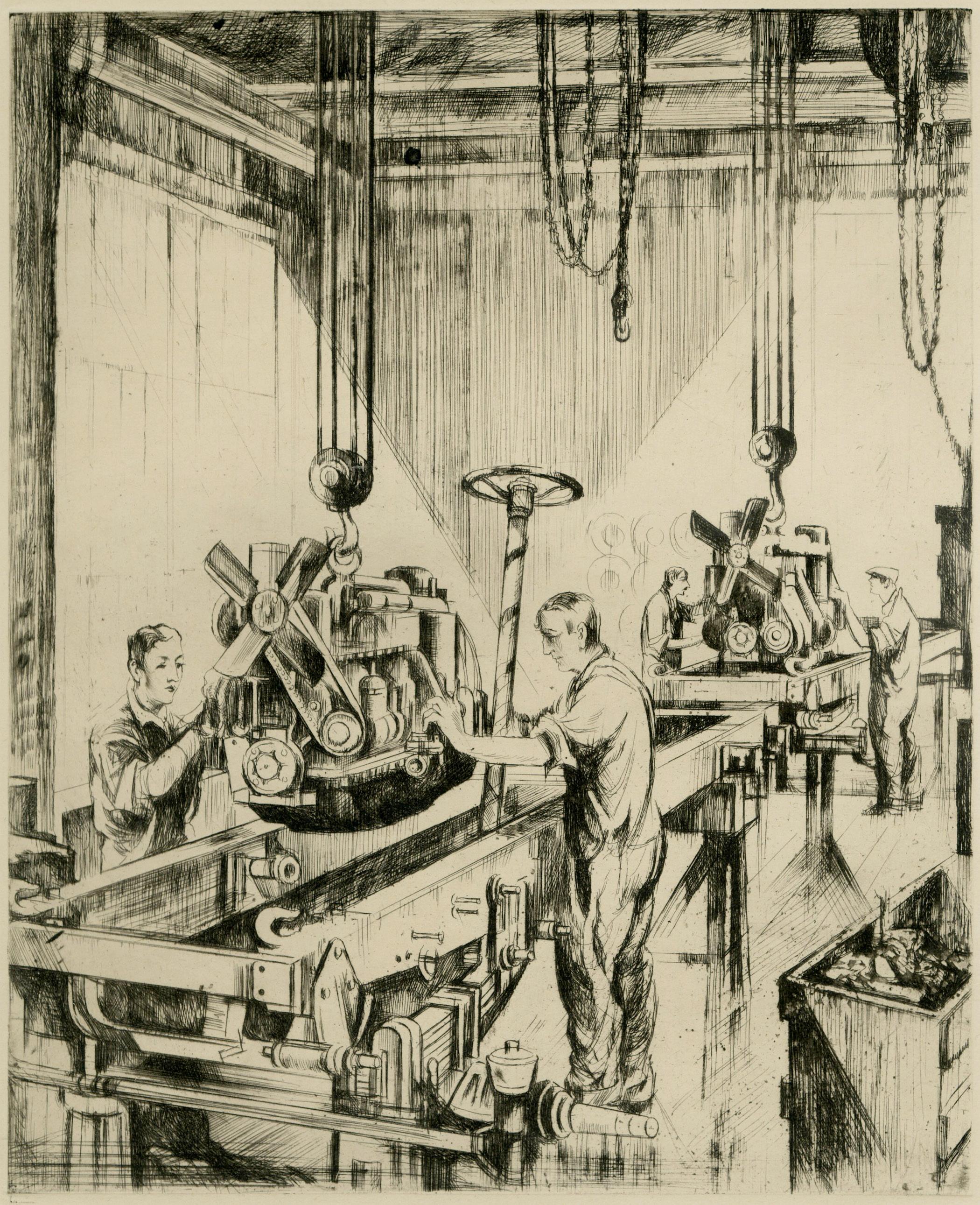 Earl Horter Figurative Print - Autocar Truck Assembly, 1929, Workmen, American Industry