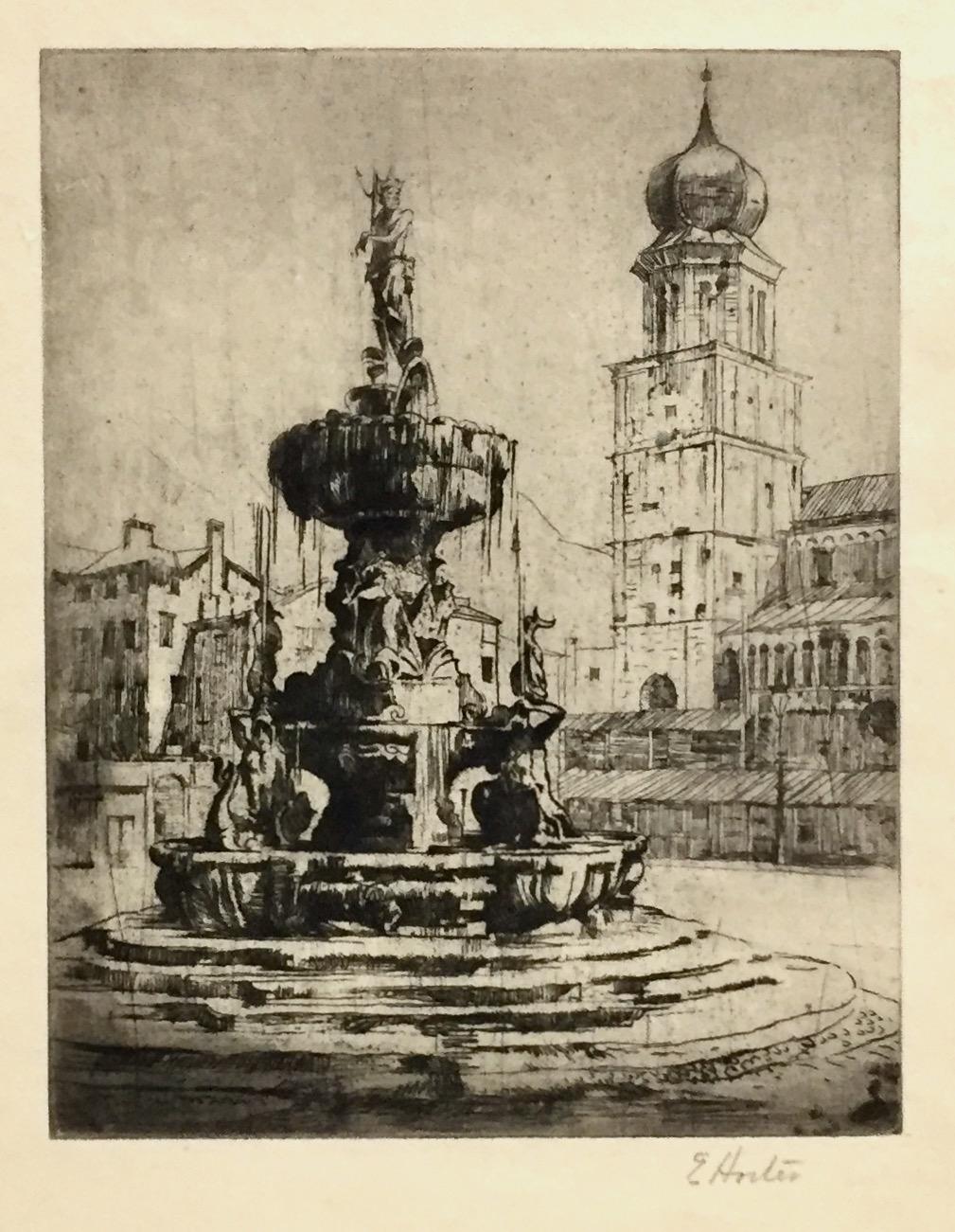 Firmato a matita. Una piazza europea con fontana e torre.
