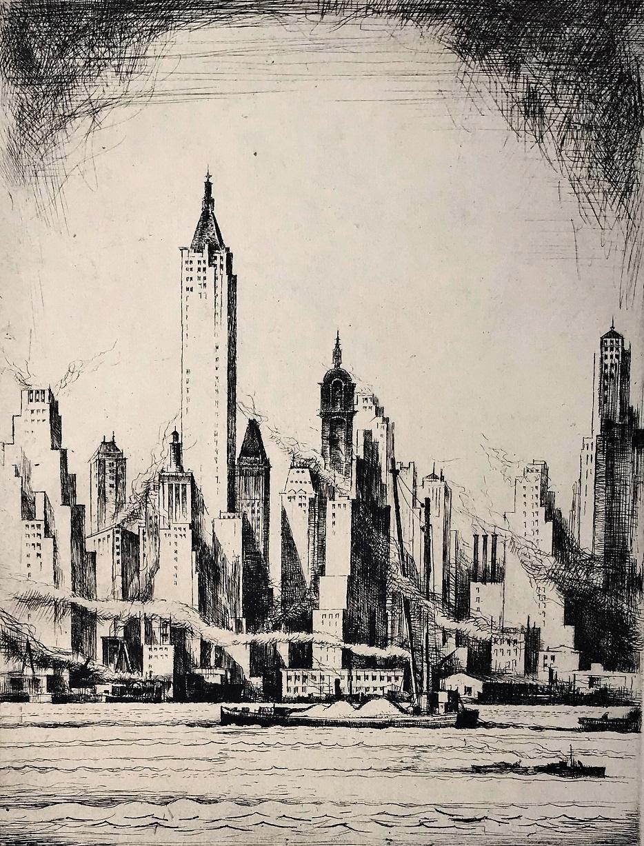 Lower Manhattan. c. 1925. Etching and drypoint. 11 1/4 x 8 1/2 (sheet 12 1/2 x 9 5/8). A rich impression printed with plate tone on cream wove paper.  Provenance: a collection of the artist's prints. Unsigned. Housed in a 20 x 16-inch archival mat,