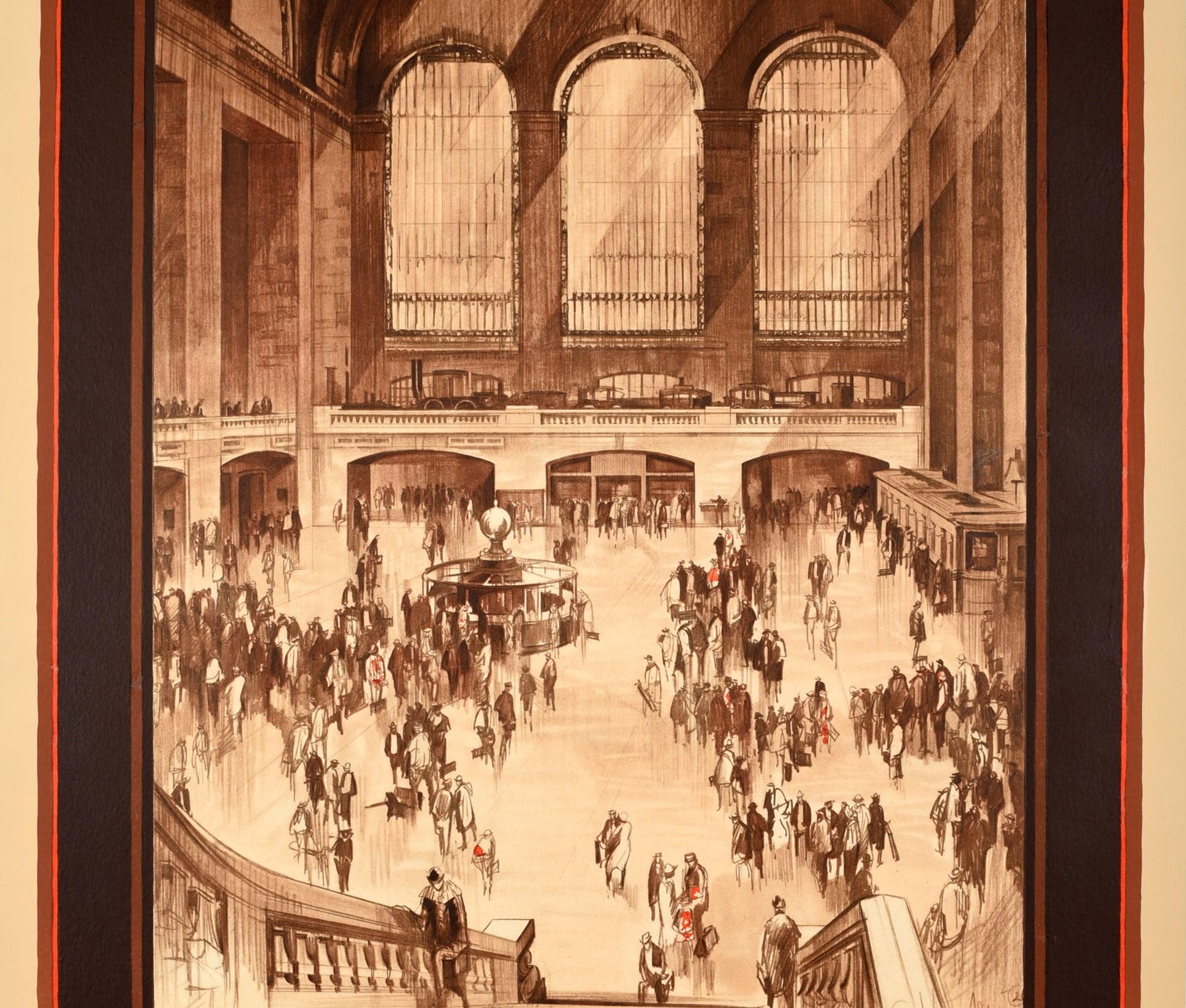 Affiche rétro originale des chemins de fer américains Grand Central Terminal, New York Central Lines - Marron Print par Earl Horter