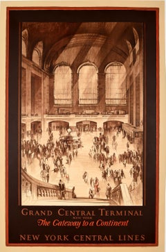 Original Antique US Railway Poster Grand Central Terminal New York Central Lines