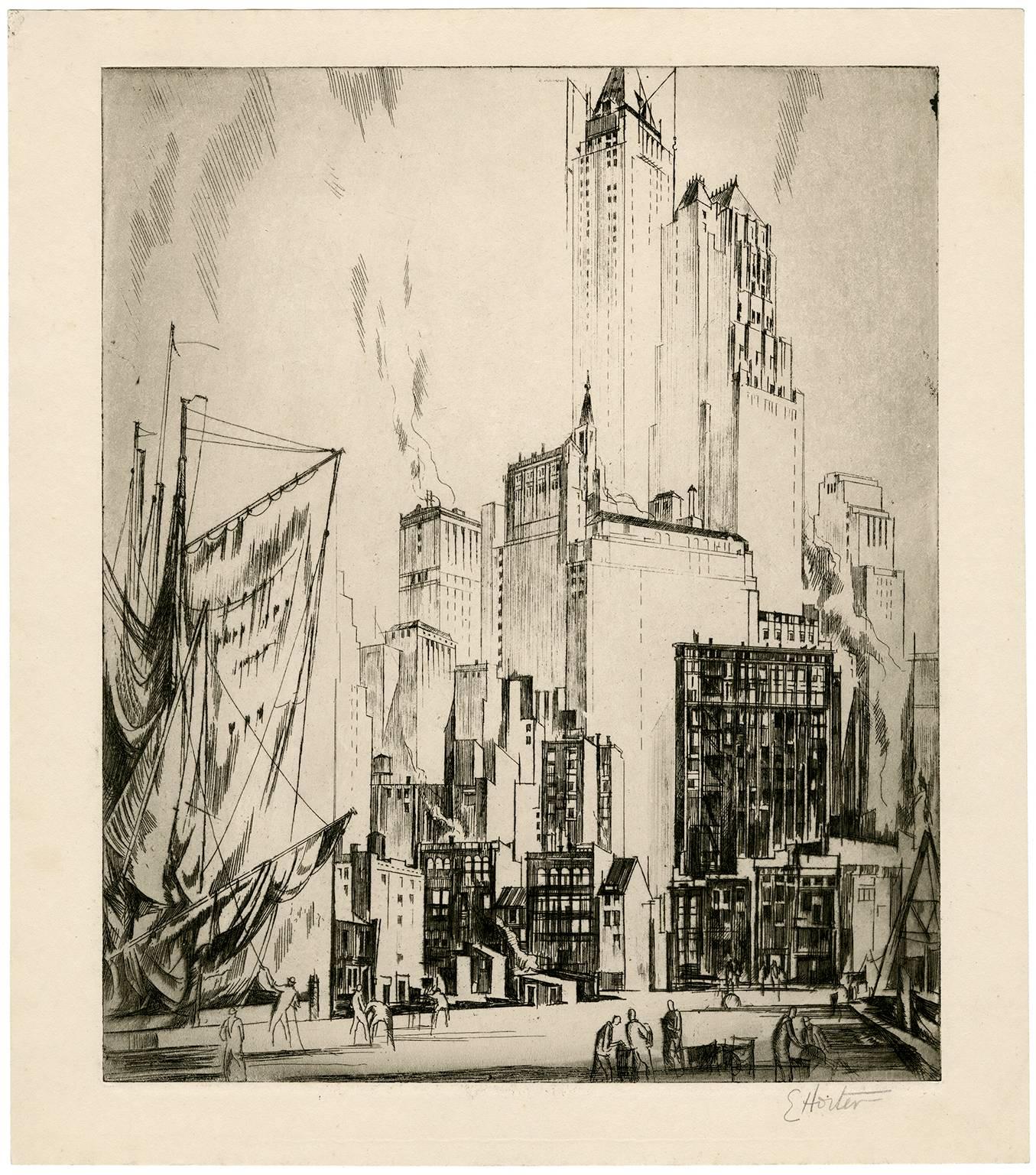 „Woolworth-Gebäude unter Bau“, Modernismus des frühen 20. Jahrhunderts – Print von Earl Horter