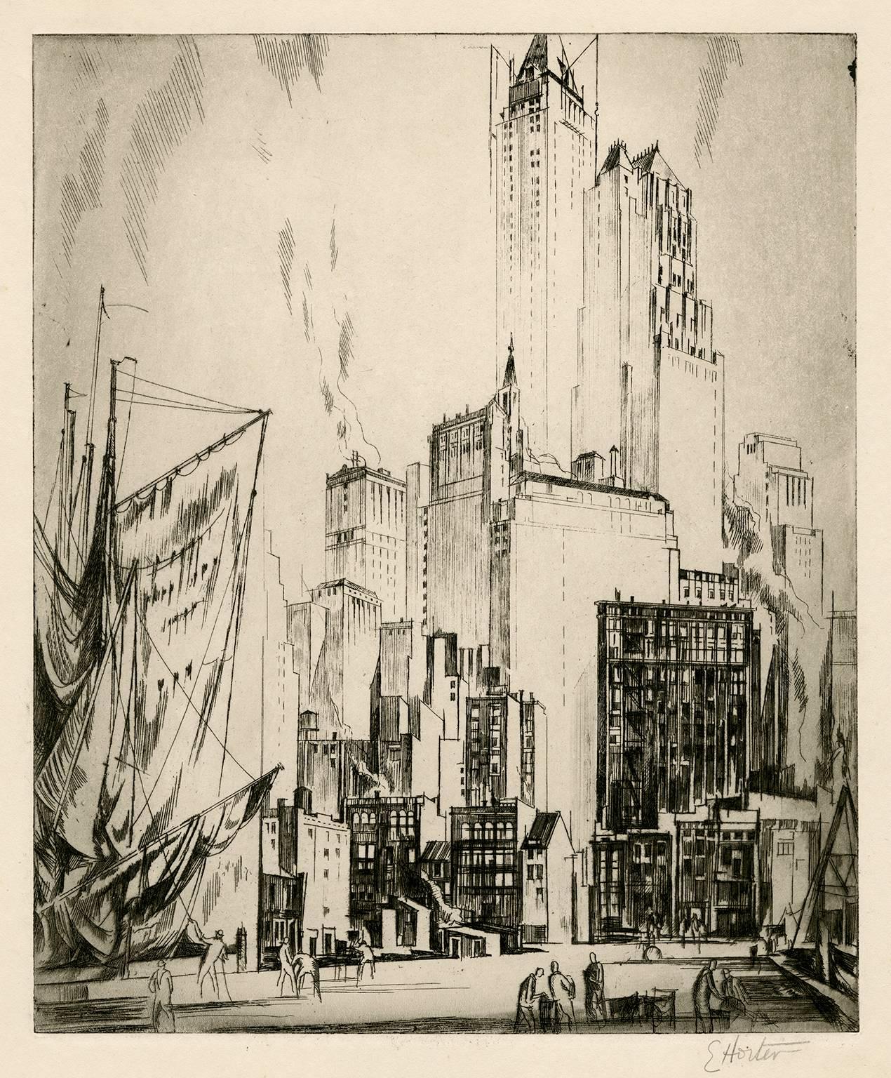 Earl Horter Landscape Print – „Woolworth-Gebäude unter Bau“, Modernismus des frühen 20. Jahrhunderts