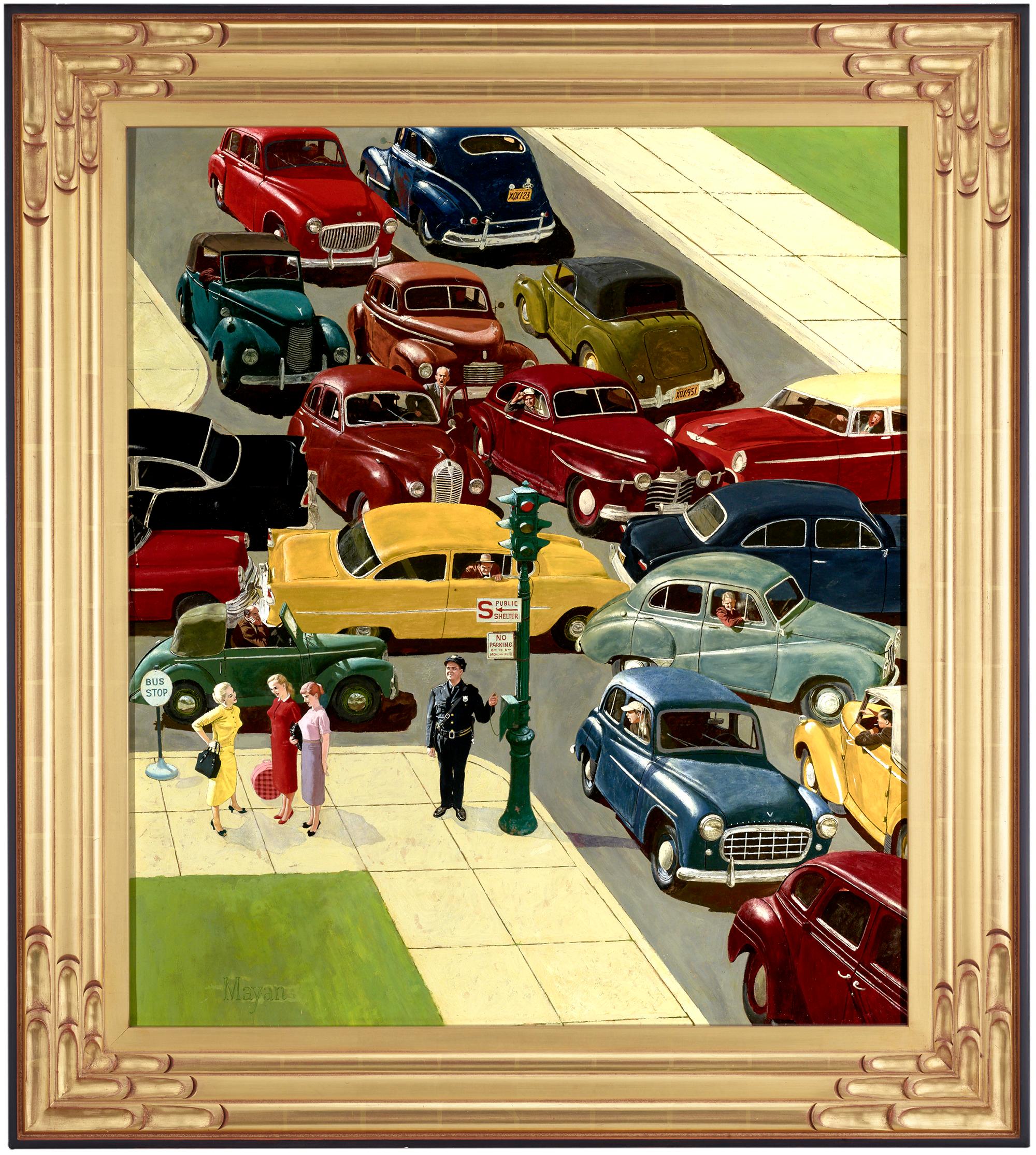 Traffic Jam Saturday Evening Post cover, April 28, 1956 - Painting by Earl Mayan