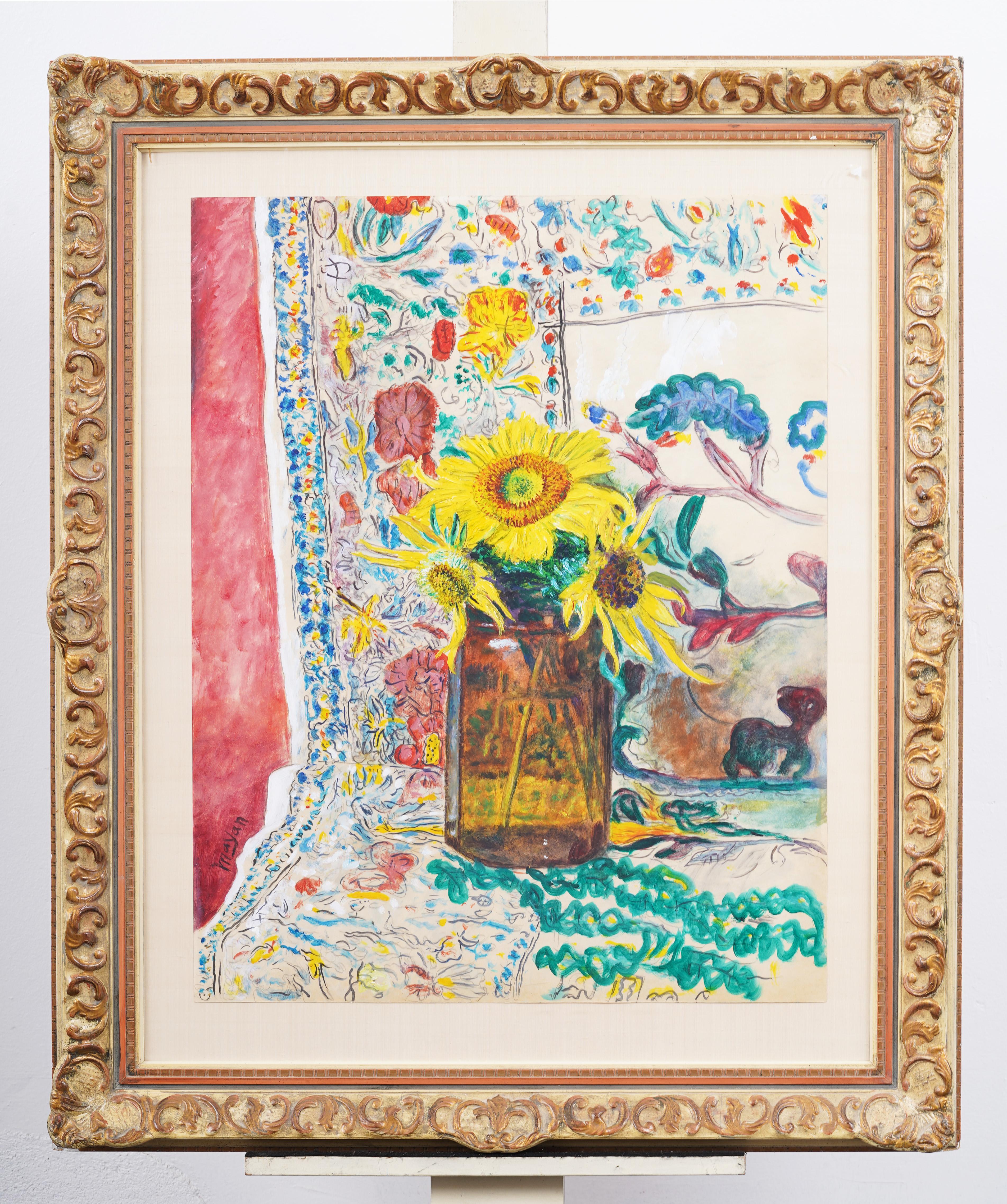 Vintage Signed American Flower Still Life Gerahmt Innenraum Szene Ölgemälde – Painting von Earl Mayan