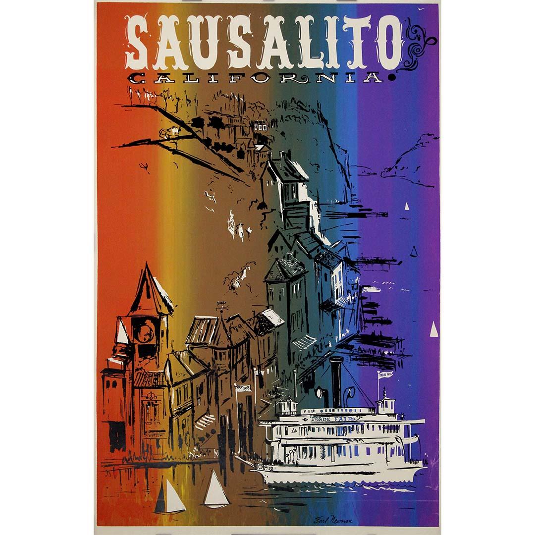 This original 1964 screen print by Earl Newman captures the vibrant and artistic essence of Sausalito, California. Known for his bold use of color and minimalist design, Newman's work in this piece reflects the mid-century modern aesthetic that was