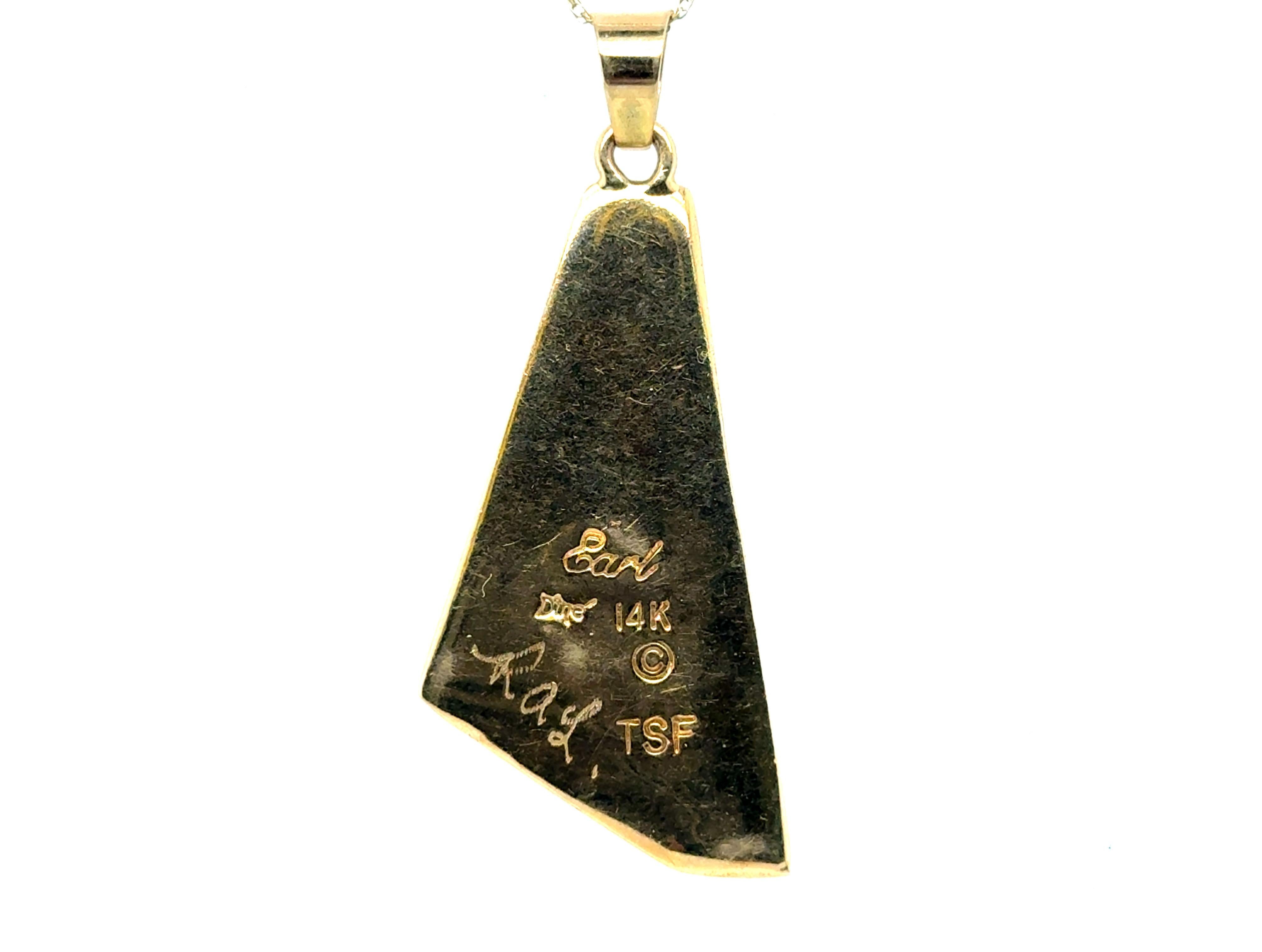 Women's or Men's Earl Plummer Turquoise Lapis Coral Pendant Navajo TSF Dine 14K Yellow Gold For Sale
