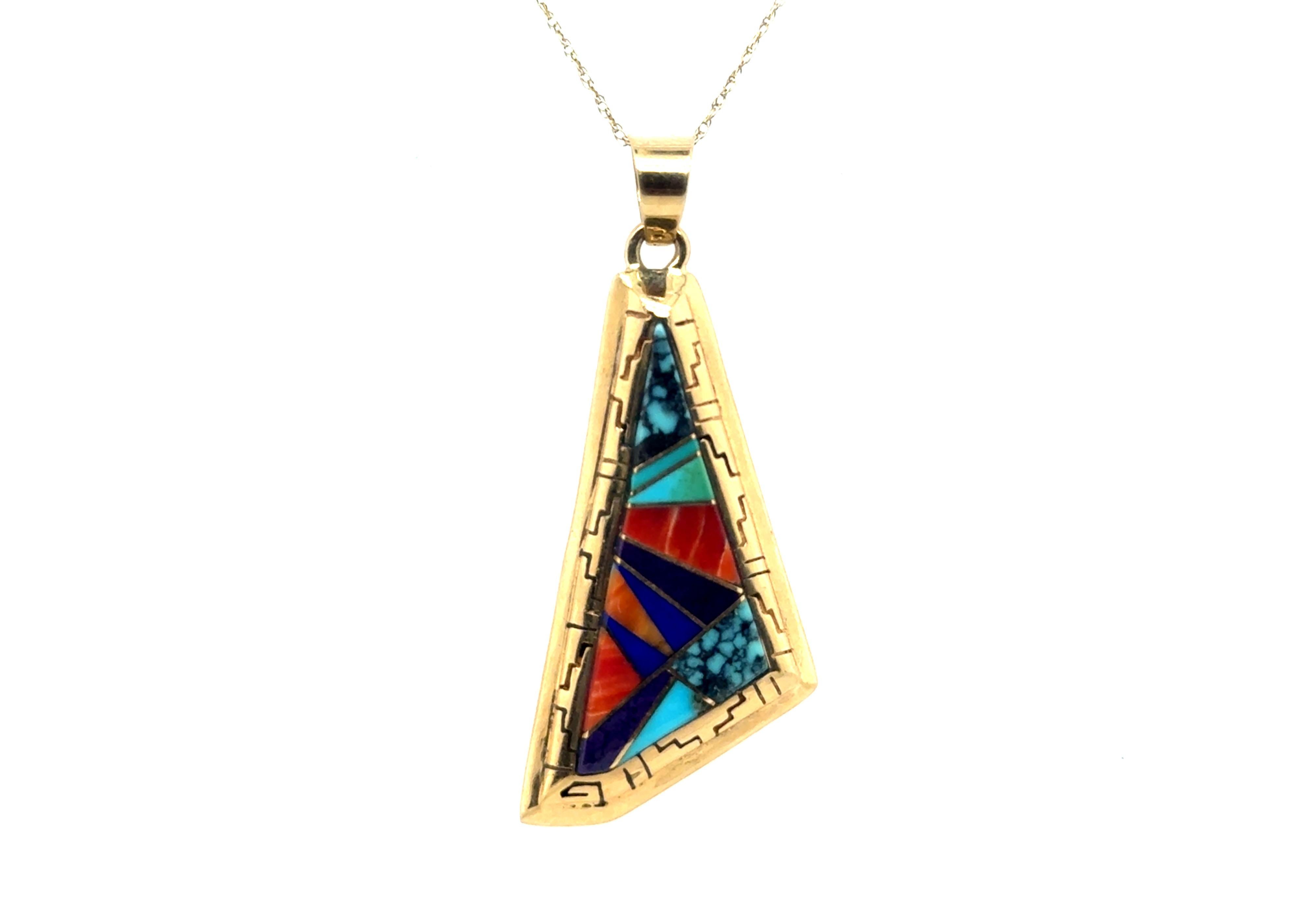 Earl Plummer Turquoise Lapis Coral Pendant Navajo TSF Dine 14K Yellow Gold For Sale