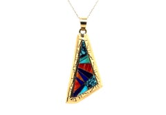 Earl Plummer Turquoise Lapis Coral Pendant Navajo TSF Dine 14K Yellow Gold