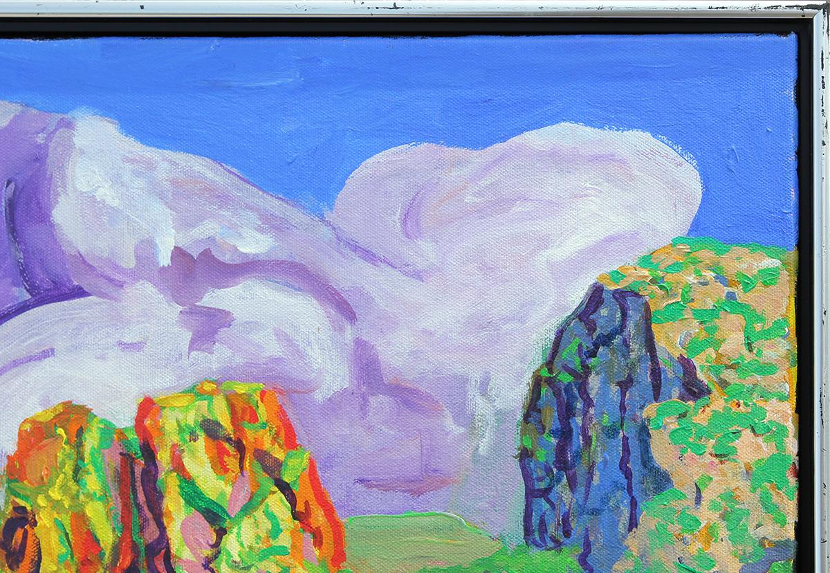 Small, colorful abstract landscape by Houston, TX artist Earl Staley depicting a Southern landscape with rock formations and purple cumulonimbus clouds hovering over the scene. Signed 