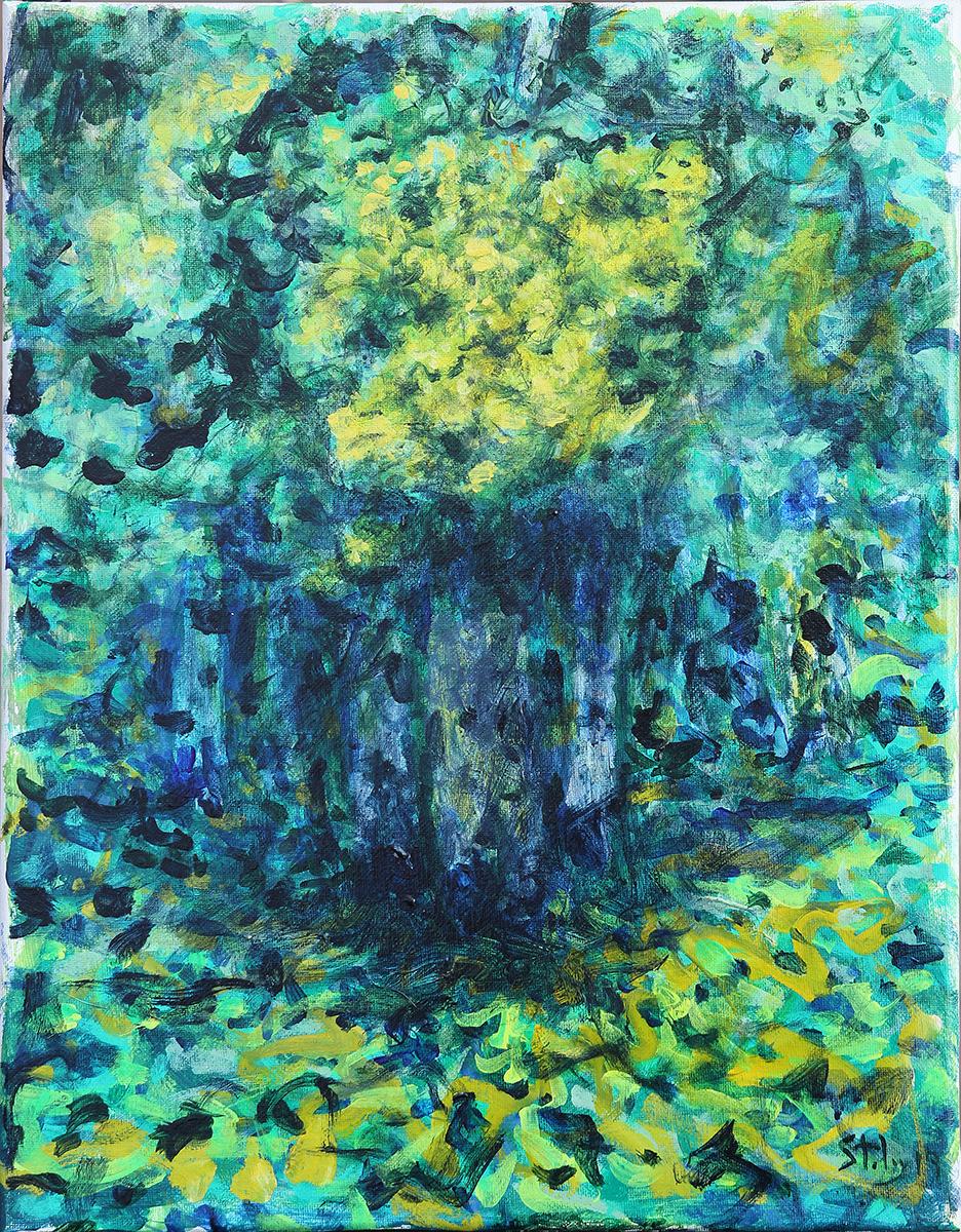 Peinture impressionniste abstraite de paysage forestier vert et bleu « Aspen Series 20 » (série Aspen)