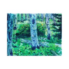 "Aspens 8" Green and Blue Toned Abstract Impressionist Forest Landscape Painting