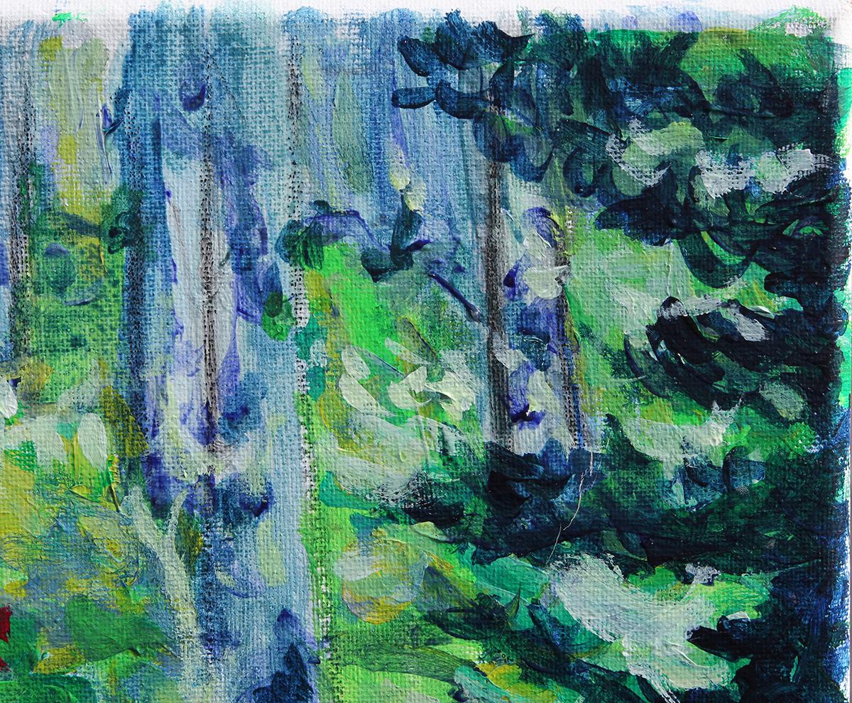 Green and blue toned landscape painting by Houston, TX artist Earl Staley. This painting depicts a forest with birch trees and some berry shrubs along a pathway. Signed by artist in front. Titled and dated at the back. Unframed but framing options