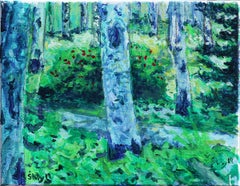 "Aspens 8" Green and Blue Toned Abstract Impressionist Forest Landscape Painting