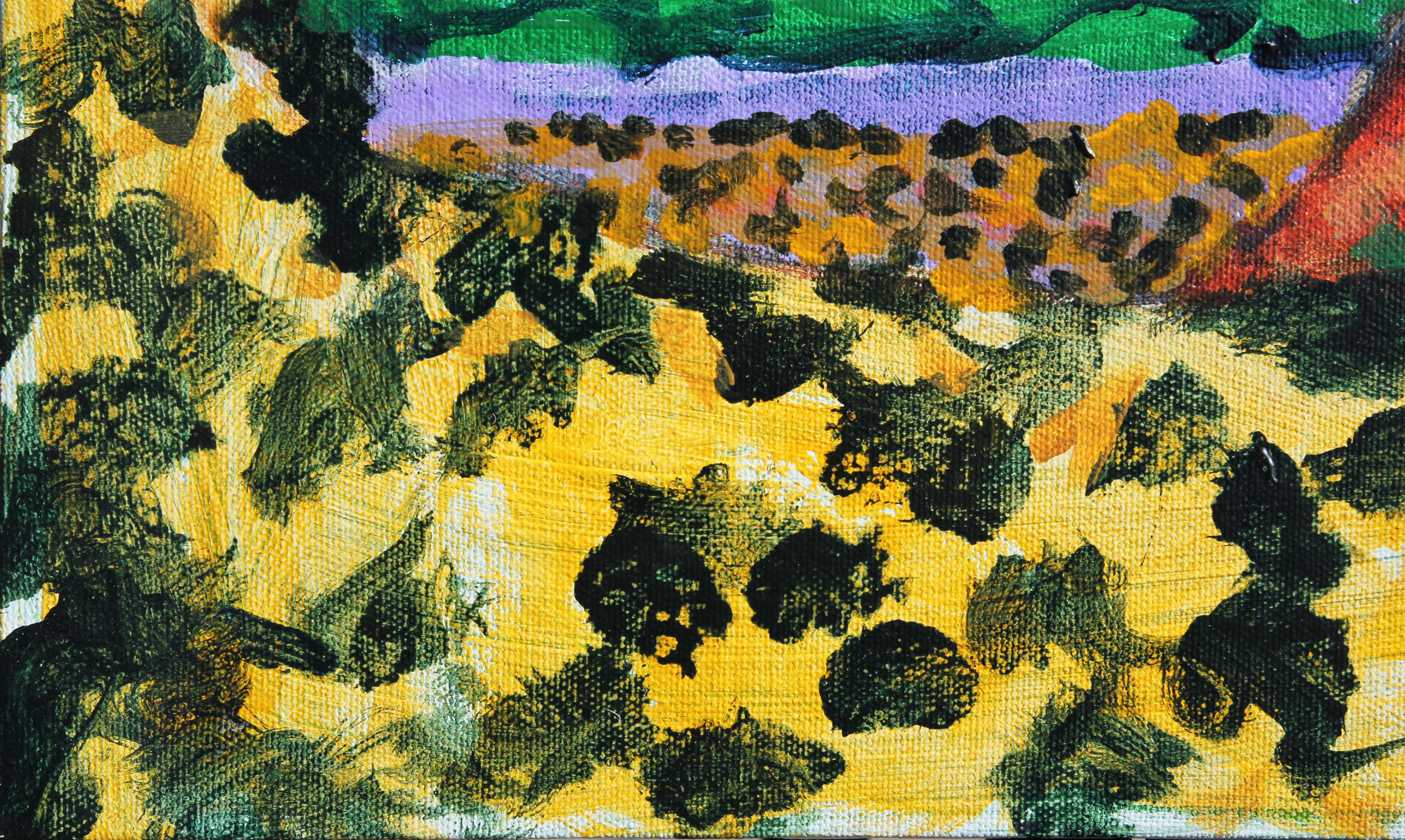 Buntes abstraktes Berglandschaftsgemälde des Künstlers Earl Staley aus Houston, Texas. Das Werk zeigt eine malerische Ansicht des Big Bend National Park in einem lebhaften fauvistischen Stil. Signiert und datiert in der unteren rechten Ecke der
