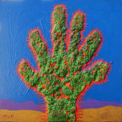 "Cactus Hand" Small Green, Orange, Purple, Blue, and Brown Mixed Media Painting