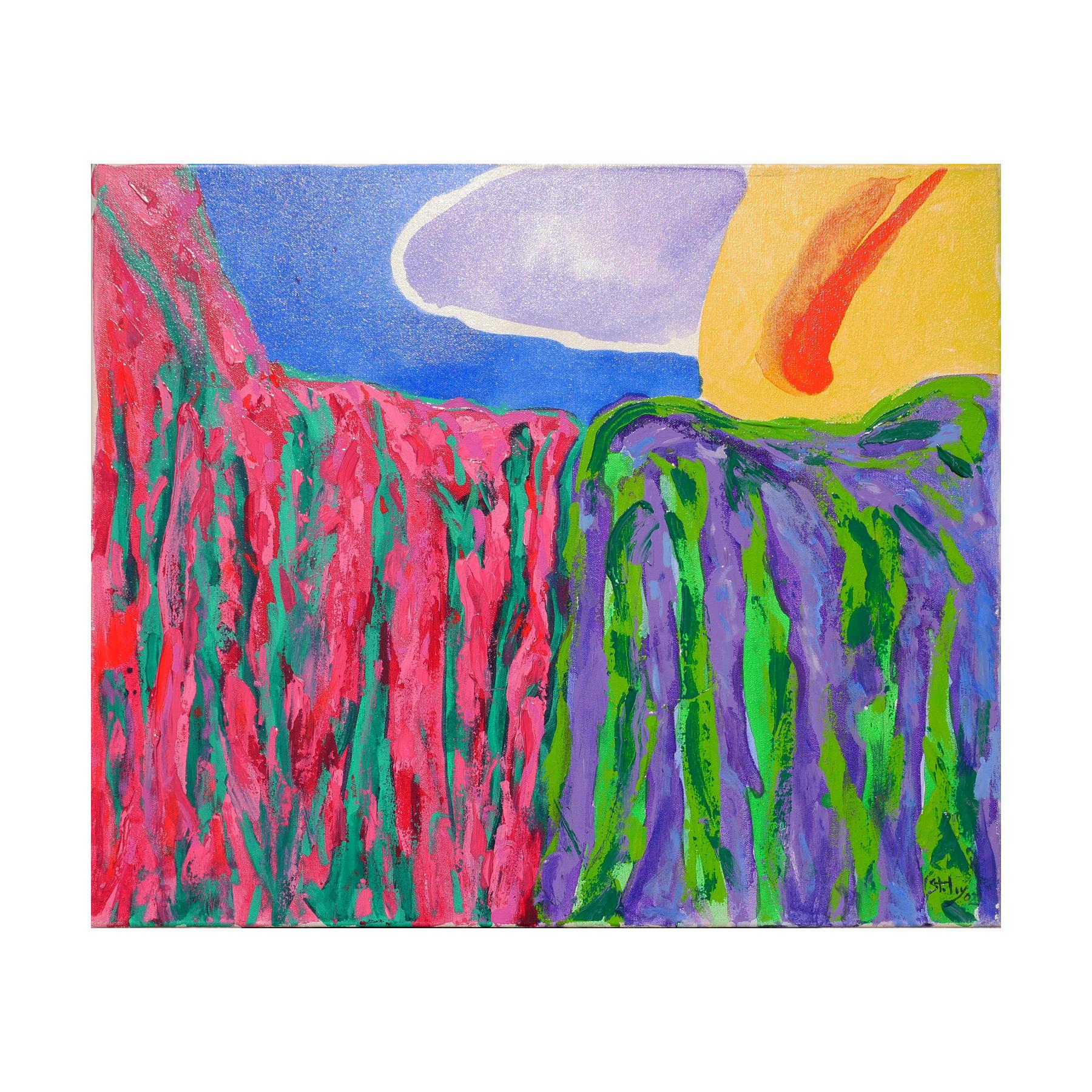 Colorful abstract landscape painting by Houston, TX artist Earl Staley. The painting depicts an abstract rendering of a canyon in pink, purple, and green, with blue skies. The painting also features some patterns and striking colors that add texture