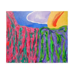 "Canyon" Pink, Green, Purple, Blue and Yellow Abstract Landscape Painting